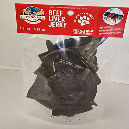 Beef liver jerky dog treats from Pets Go Raw made with single-ingredient dehydrated beef liver