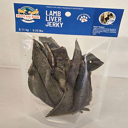 Lamb liver jerky dog treats from Pets Go Raw made with single-ingredient dehydrated lamb liver