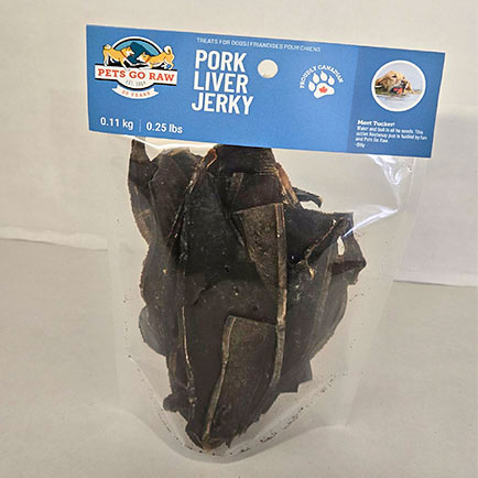 Pork liver jerky dog treats from Pets Go Raw made with single-ingredient dehydrated pork liver